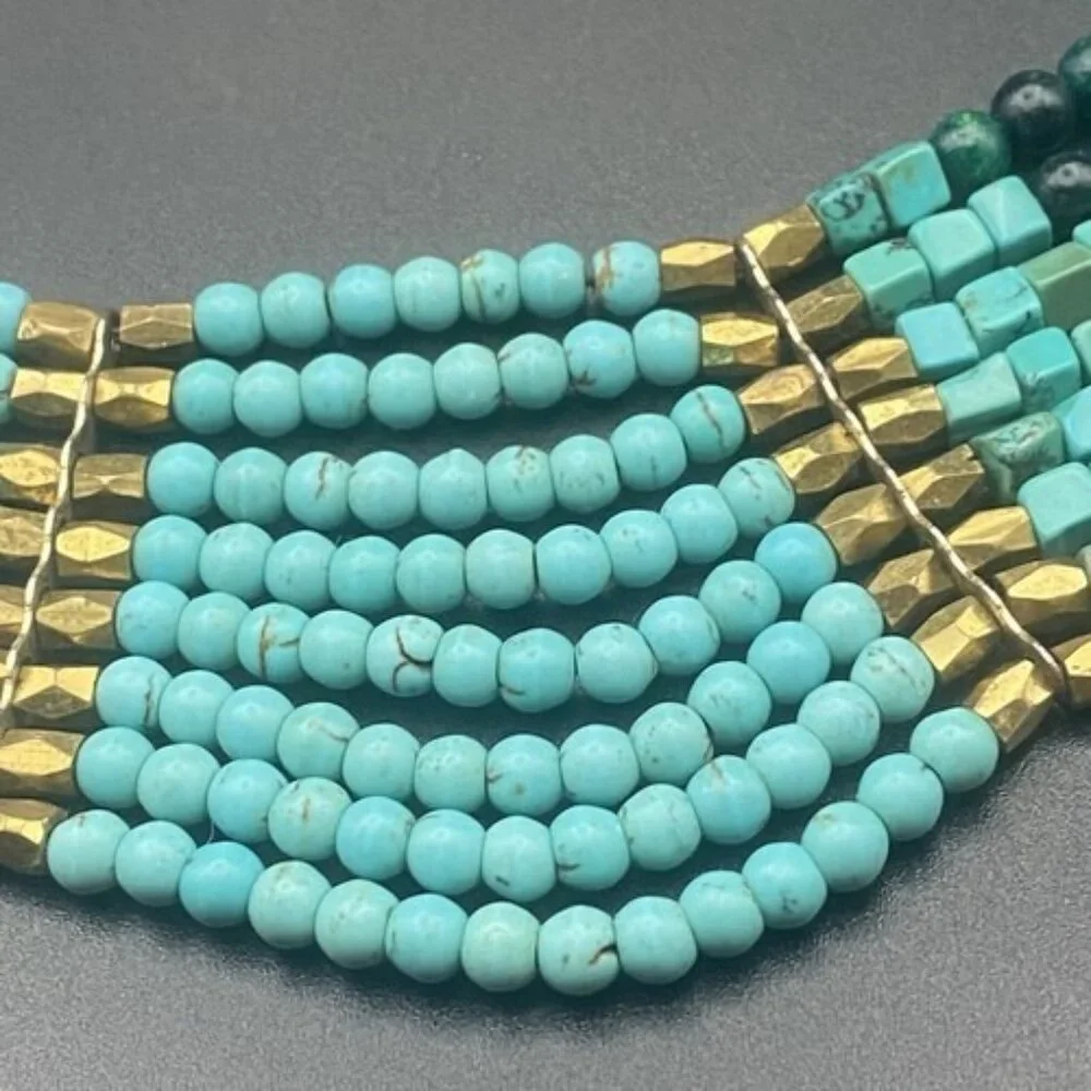 Nakamol Signed Necklace Layered Natural Stone Turquoise Bib Gold Bead Anthro SW - Picture 10 of 11